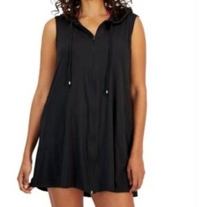 J Valdi Womens Sleeveless Full Zip Hoodie Cover‎ Up Black Small